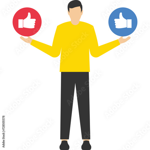 Vector illustration of likes or dislikes. Concept of social satisfaction poll. Businesswomen give the choice of likes or dislikes. Customer feedback, client sign cartoon character