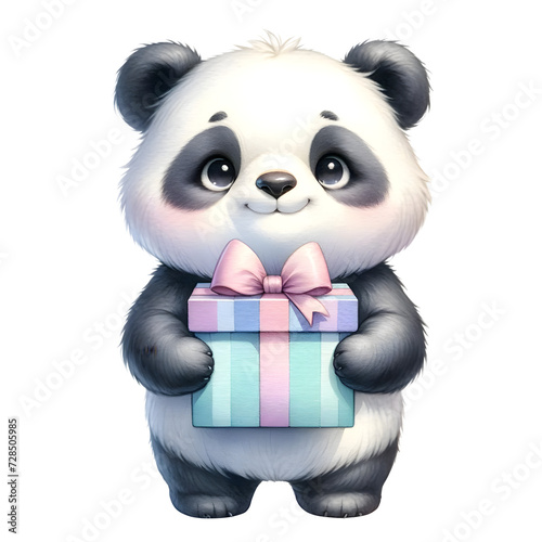 Cute pastel watercolor animal character holding gift or present for birthday party clipart of panda