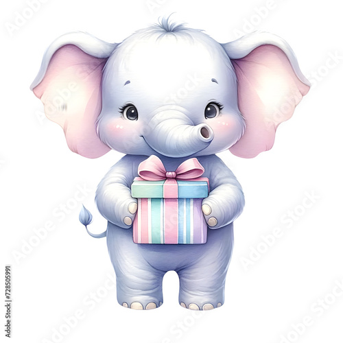 Cute pastel watercolor animal character holding gift or present for birthday party clipart of elephant