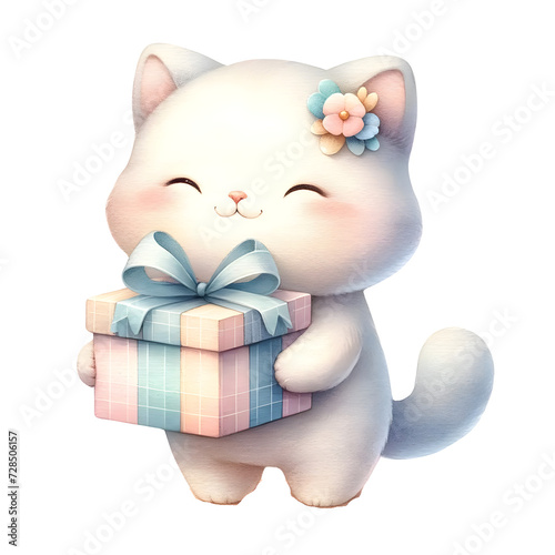 Cute pastel watercolor animal character holding gift or present for birthday party clipart of cat © Juibo