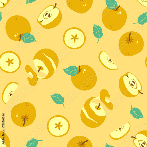 Seamless pattern with yellow apples and slices. Vector graphics.