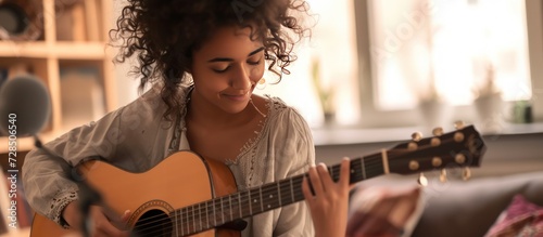 Cropped a curly young woman guitarist enjoy playing guitar in home. AI generated image