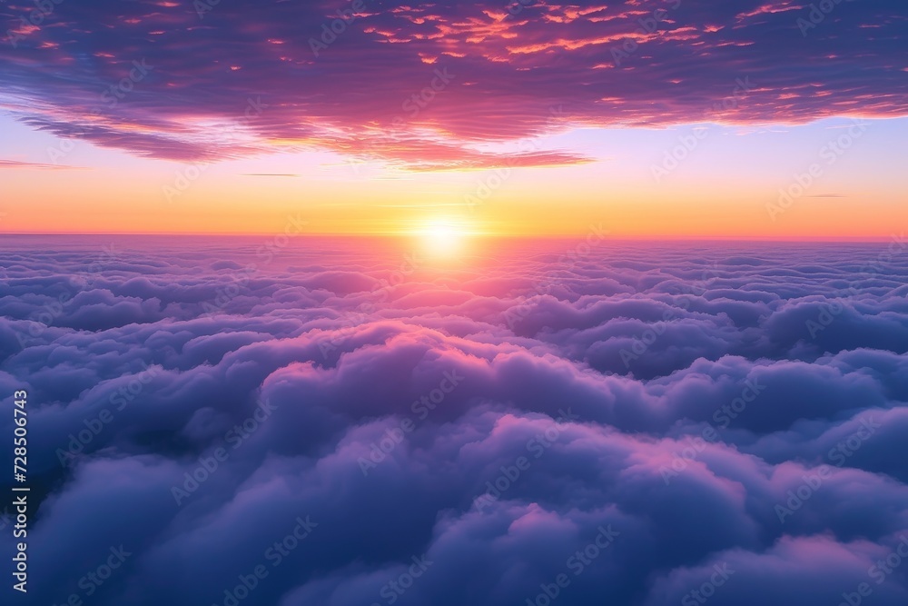 Capturing the peaceful majesty of a sunset over clouds, as the afterglow of dusk paints the sky with nature's vibrant hues while a lone plane soars through the ever-changing canvas