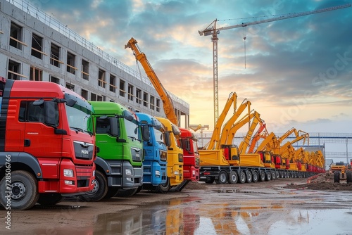 A vibrant lineup of trucks stands against the vast blue sky, ready to conquer the open road with their sturdy wheels and powerful construction equipment, surrounded by fluffy clouds and towering cran photo