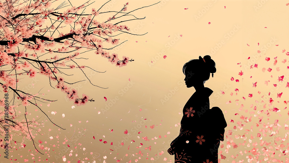 春の鮮やかな桜を背景とする卒業生。日本の卒業シーズンのイメージ。