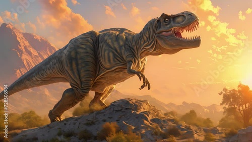A majestic Tyrannosaurus rex surveys the savannah from a rocky outcrop its sharp teeth glinting in the golden light. photo