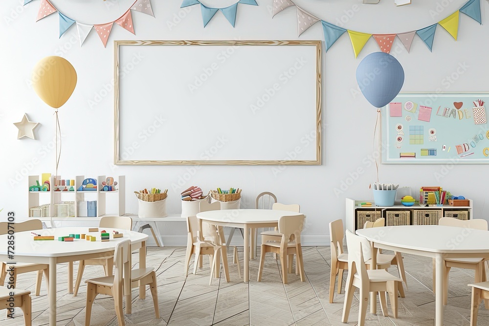 Blank Mockup Frame in Tender Baby Nursery Interior, Empty Space,Adorable Baby Room Mockup, Empty Frame
