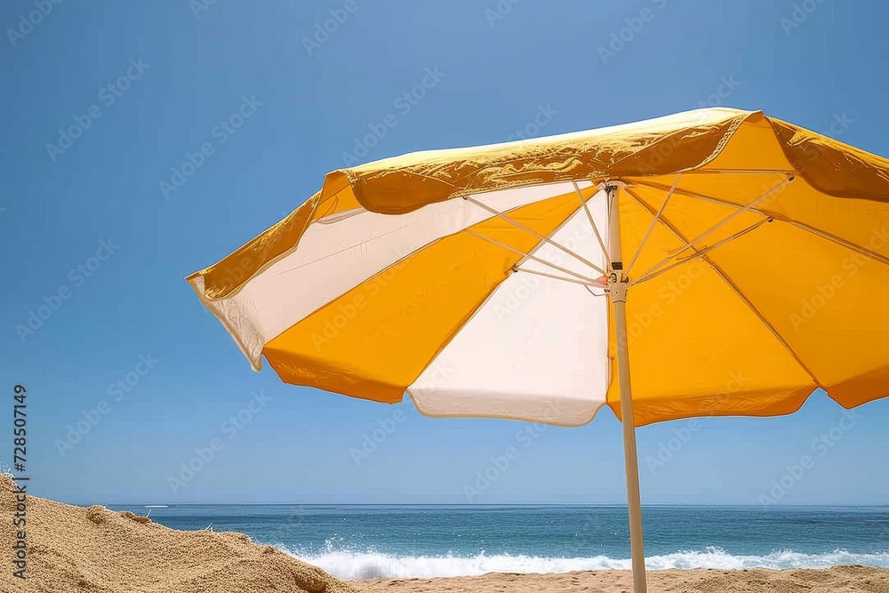 A vibrant yellow and white umbrella provides a cheerful pop against the endless blue sky, shielding from the sun's rays as it rests on the sandy beach, while the gentle waves of the ocean create a so