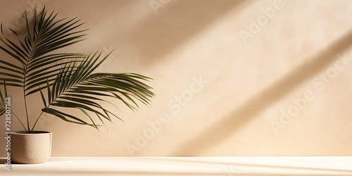 Minimalistic palm shadow overlay on textured beige background for modern product display.