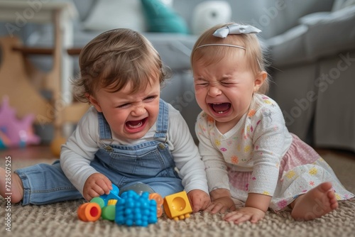 Two young boys play on the floor surrounded by colorful baby toys, their faces contorted in a mix of tears and smiles, showcasing the highs and lows of childhood