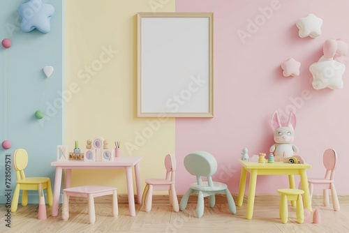 Blank Mockup Frame in Tender Baby Nursery Interior, Empty Space,Adorable Baby Room Mockup, Empty Frame © ChickyKai