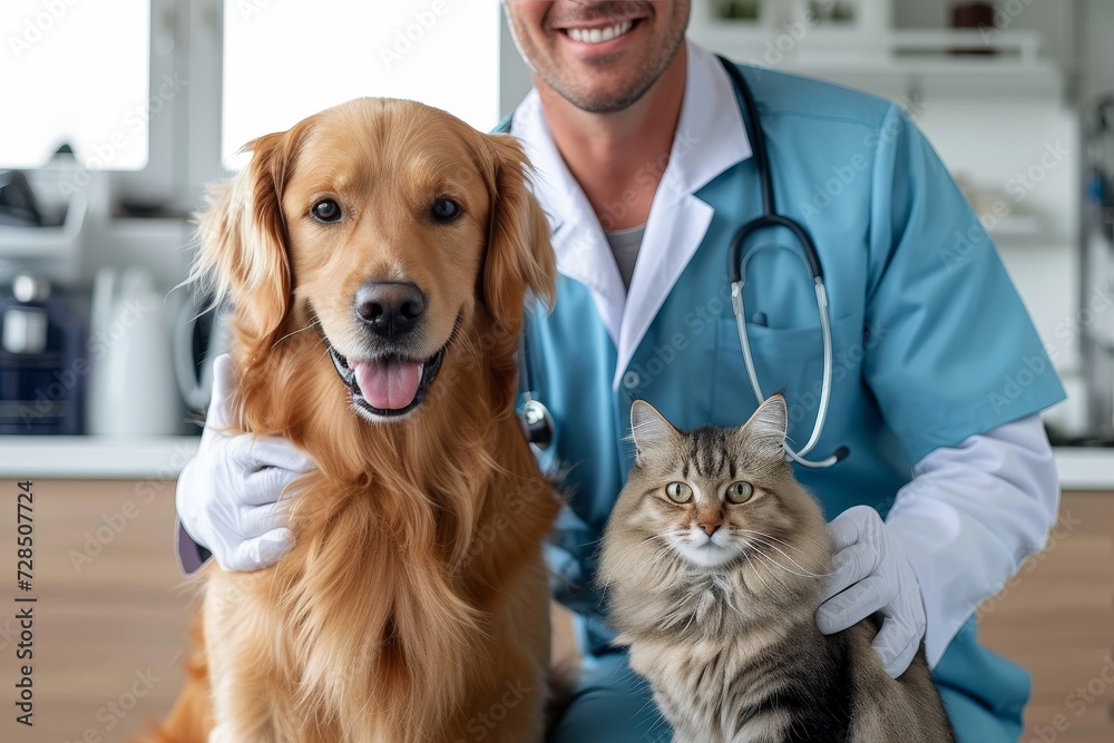 A compassionate veterinarian lovingly cares for a brown dog and cat, dressed in his professional clothing and holding his stethoscope, in the comfort of an indoor setting