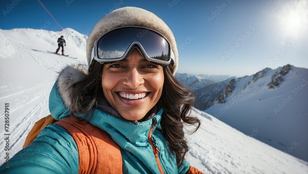 Vibrant selfie of a middle-aged Indian woman in winter sportswear, enjoying a ski trip with snowy mountains in the background, reflecting an adventurous spirit.