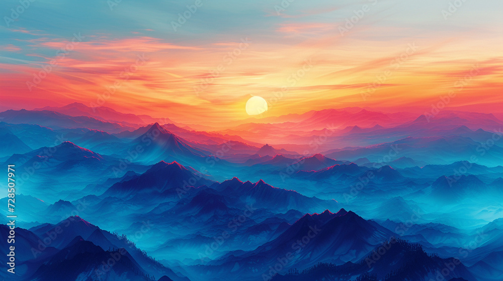 Picture a vibrant sunrise over a digital landscape of indigo mountains and tangerine skies, an abstract portrayal of dawn's first light, painting the world with a warm glow.  - obrazy, fototapety, plakaty 