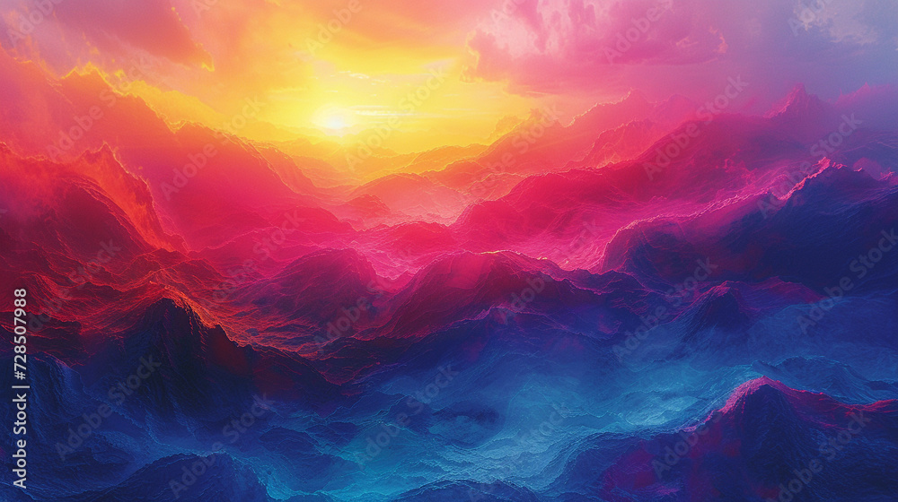 Picture a vibrant sunrise over a digital landscape of indigo mountains and tangerine skies, an abstract portrayal of dawn's first light, painting the world with a warm glow. 