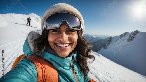 Vibrant selfie of a middle-aged Indian woman in winter sportswear, enjoying a ski trip with snowy mountains in the background, reflecting an adventurous spirit.