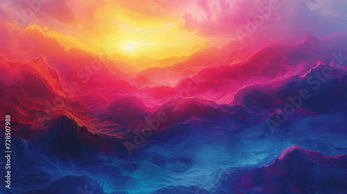 Picture a vibrant sunrise over a digital landscape of indigo mountains and tangerine skies, an abstract portrayal of dawn's first light, painting the world with a warm glow.  #728507988