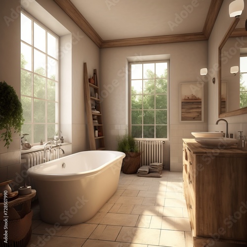 Country style bathroom interior in traditional house.