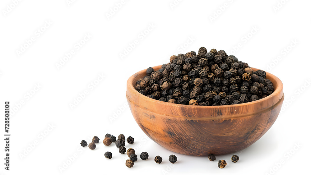 Black peppercorns (Black pepper) in wooden bowl isolated on white background Black peppercorns (Black pepper) in wooden bowl isolated on white background