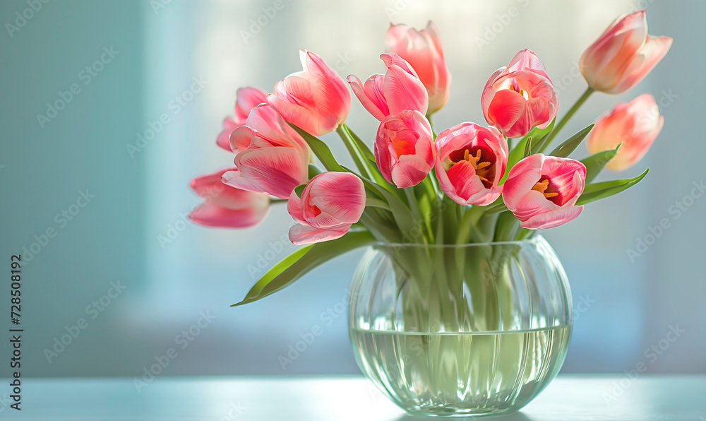 Obraz premium A bouquet of pink tulips in a glass vase on a defocused background of the room. The glare of the sun on the wall.