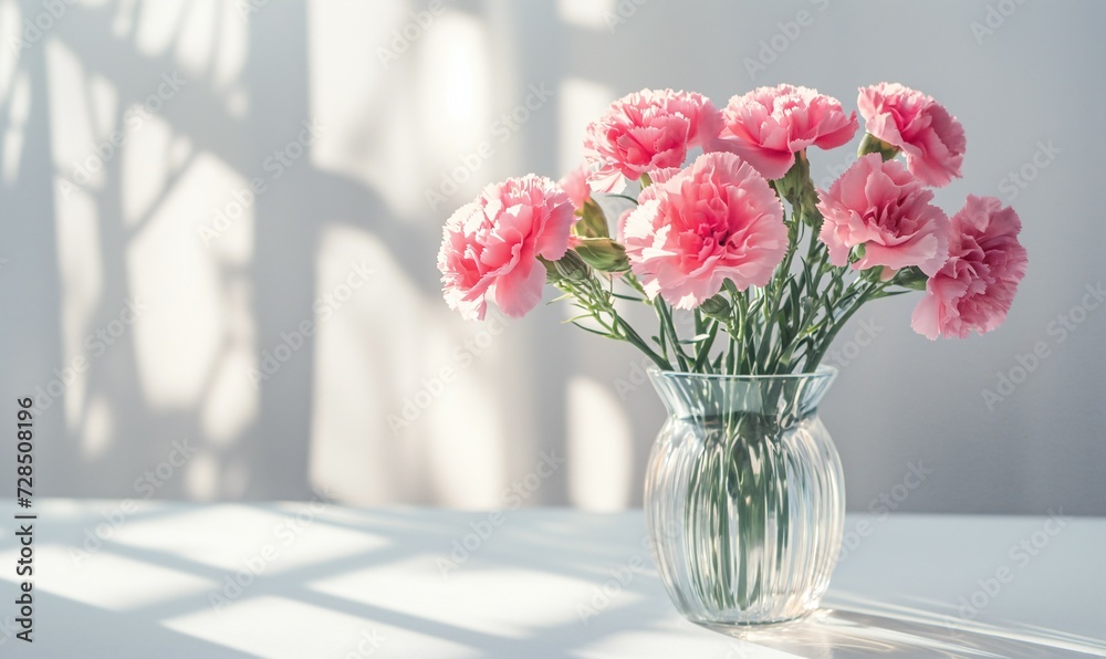 A bouquet of pink carnations in a glass vase on a gray background illuminated by the sun. The glare of the sun on the wall. Modern, minimalistic, light background with space for text. A bouquet of pink carnations in a glass vase on a gray background illuminated by the sun. The glare of the sun on the wall. Modern, minimalistic, light background with space for text.