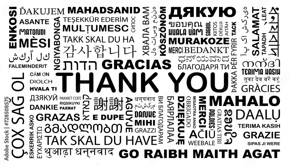 Thank you word in different language background. International Thank You word banner