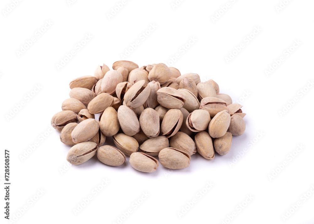 Salted roasted pistachios isolated over white background Salted roasted pistachios isolated over white background