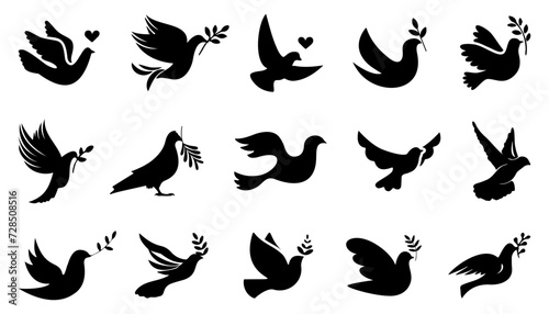 Dove or pigeon icon collection. Peace doves silhouette. Flying pigeon with branch icon. Dove of peace icon. Flying bird photo