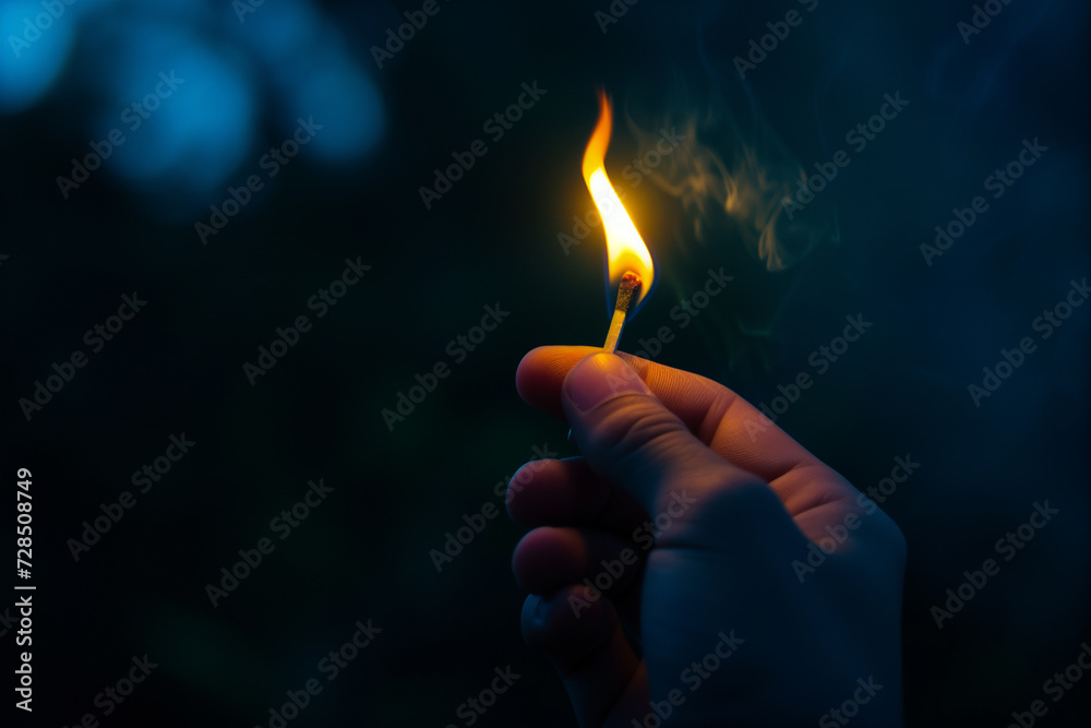 hand holds a burning match close-up on a dark background hand holds a burning match close-up on a dark background