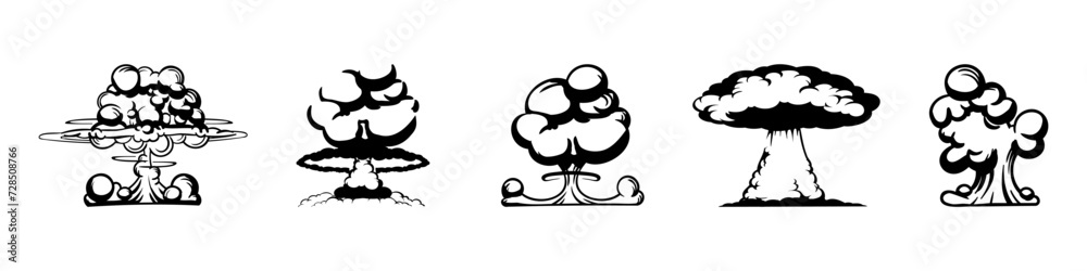 Explosion of atomic bomb mushrooms collection. Set of silhouette explosion effect. Bomb explosion mushroom cloud Explosion of atomic bomb mushrooms collection. Set of silhouette explosion effect. Bomb explosion mushroom cloud