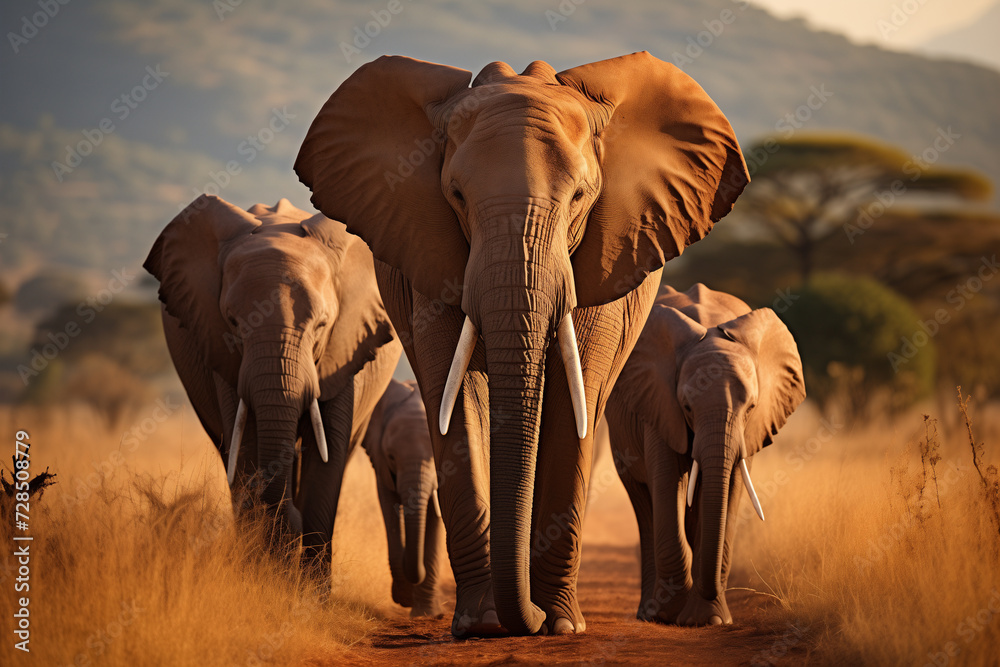 a group of majestic elephants walks along the African savannah, World Wildlife Day