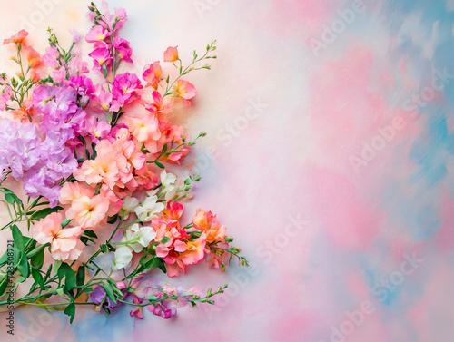 Spring background with space for text. A bouquet of different flowers on a plastered pastel background. Wallpaper, banner, background for the site.