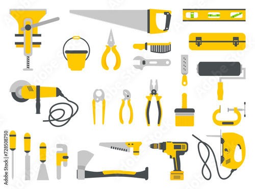 Construction tool instrument for building, repair. Building repair hand tools collection in a flat design