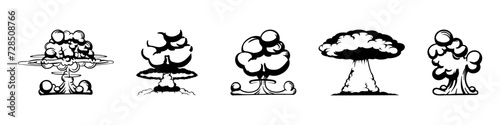 Explosion of atomic bomb mushrooms collection. Set of silhouette explosion effect. Bomb explosion mushroom cloud