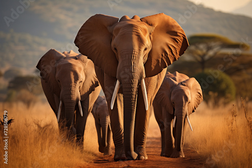 a group of majestic elephants walks along the African savannah, World Wildlife Day © kazakova0684