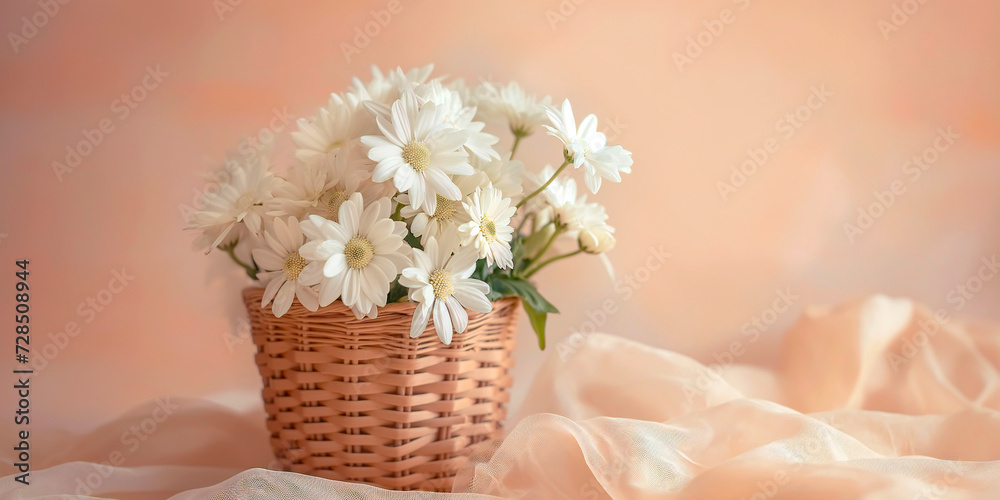 A basket with white flowers stands on a silk scarf on a beige background.