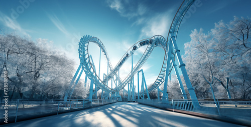 Winter landscape with a roller coaster covered with snow in the park.Roller Coaster in winter, panoramic view of the park.