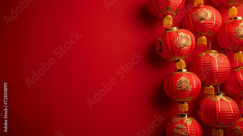 Chinese New Year - Paper Lanterns Glowing Against Vibrant Red Background - Holiday Theme - Overhead Flat Lay View With Copy Space - Simple and Minimalist