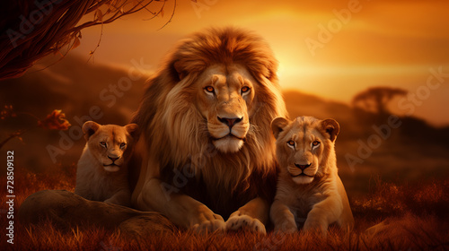 a family of lions resting in the African savannah at sunset