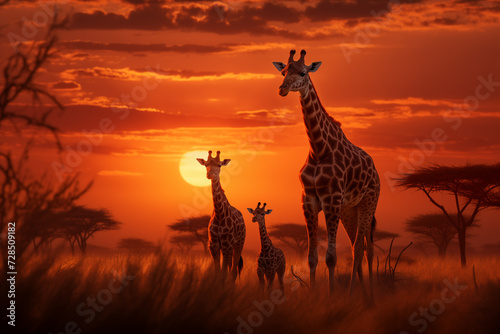 a group of giraffes in the African savannah against the backdrop of a beautiful sunset