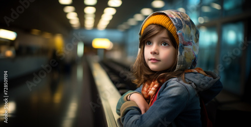 Portrait of a cute little girl at the train station. Selective focus.