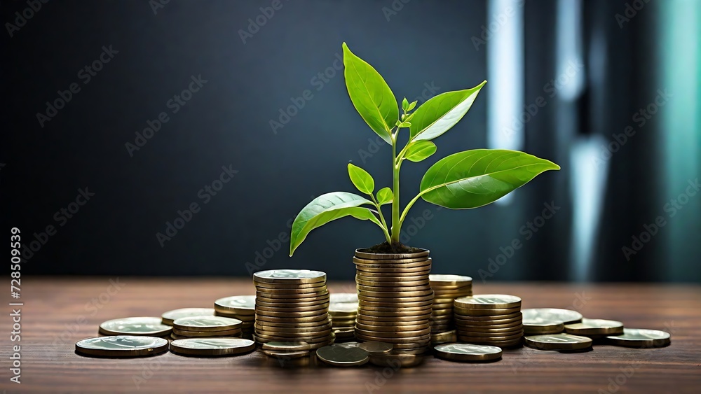green plant growing from coins - invest or saving concept. investment, economy, growth, finance reflection generative ai.