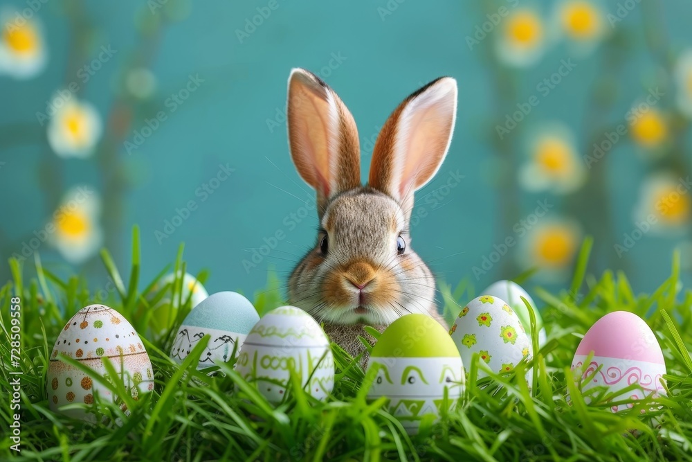 A fluffy cottontail hops through a lush field of green grass, carefully guarding a hidden nest of colorful easter eggs