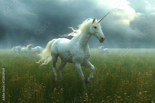 A majestic mustang mare gallops freely through a lush green field  her flowing mane dancing in the wind as she embodies the untamed spirit of nature