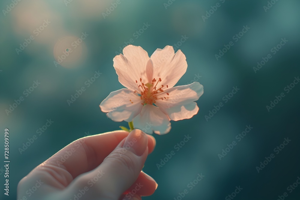 Person Holding a Tiny White Blossom in Hand Person Holding a Tiny White Blossom in Hand