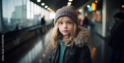 Cute little girl with long blond hair, wearing a brown hat and coat, looking at the camera, standing in an underground passage.