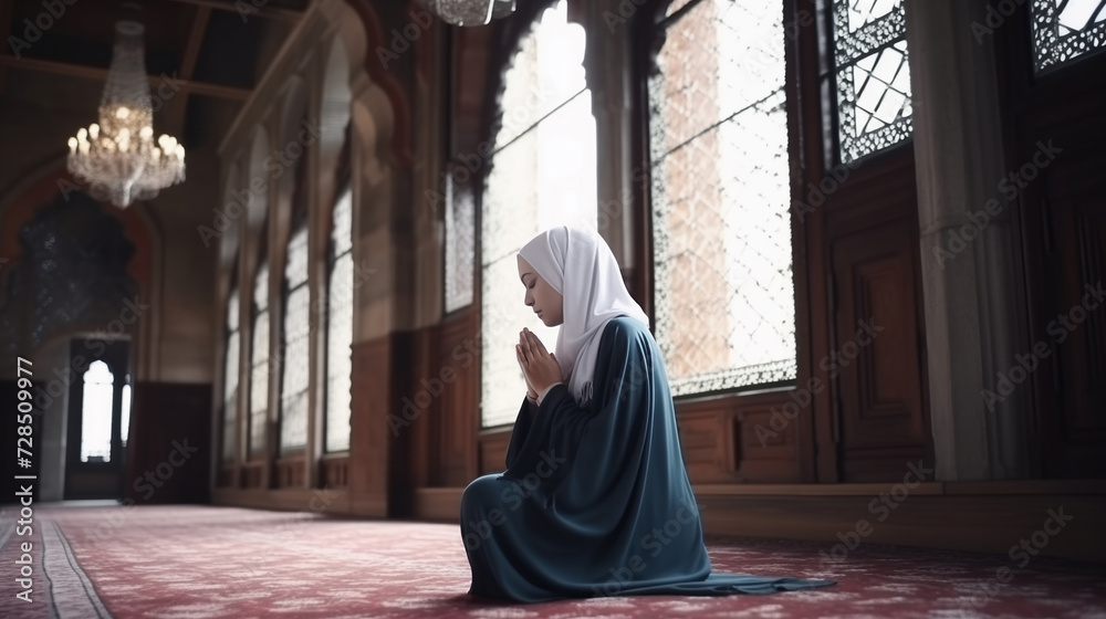 Beautiful Muslim woman in hijab dress sitting in mosque and praying Beautiful Muslim woman in hijab dress sitting in mosque and praying