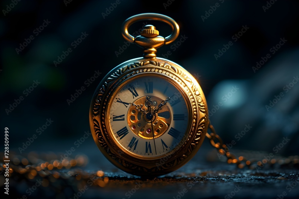 Gold Pocket Watch with Roman Numerals on Dark Background Gold Pocket Watch with Roman Numerals on Dark Background