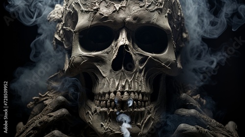 Skull exhaling cigarette smoke through its teeth, black background, tobacco addiction photo