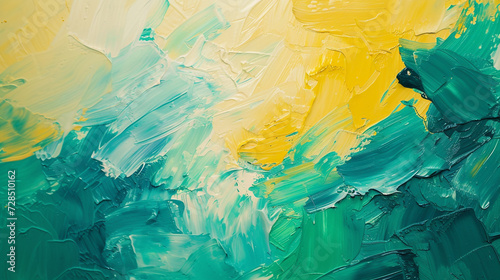 Playful strokes of mint green and lemon yellow dance across the canvas, radiating a sense of youthful exuberance.  photo